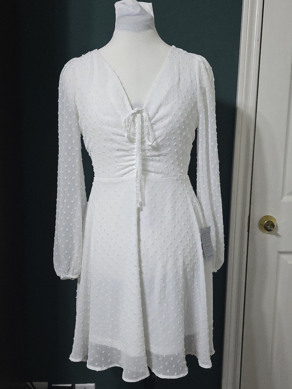 Lulus White Wine & Dine Swiss Dot Long Sleeve Dress Size Small V-Neck